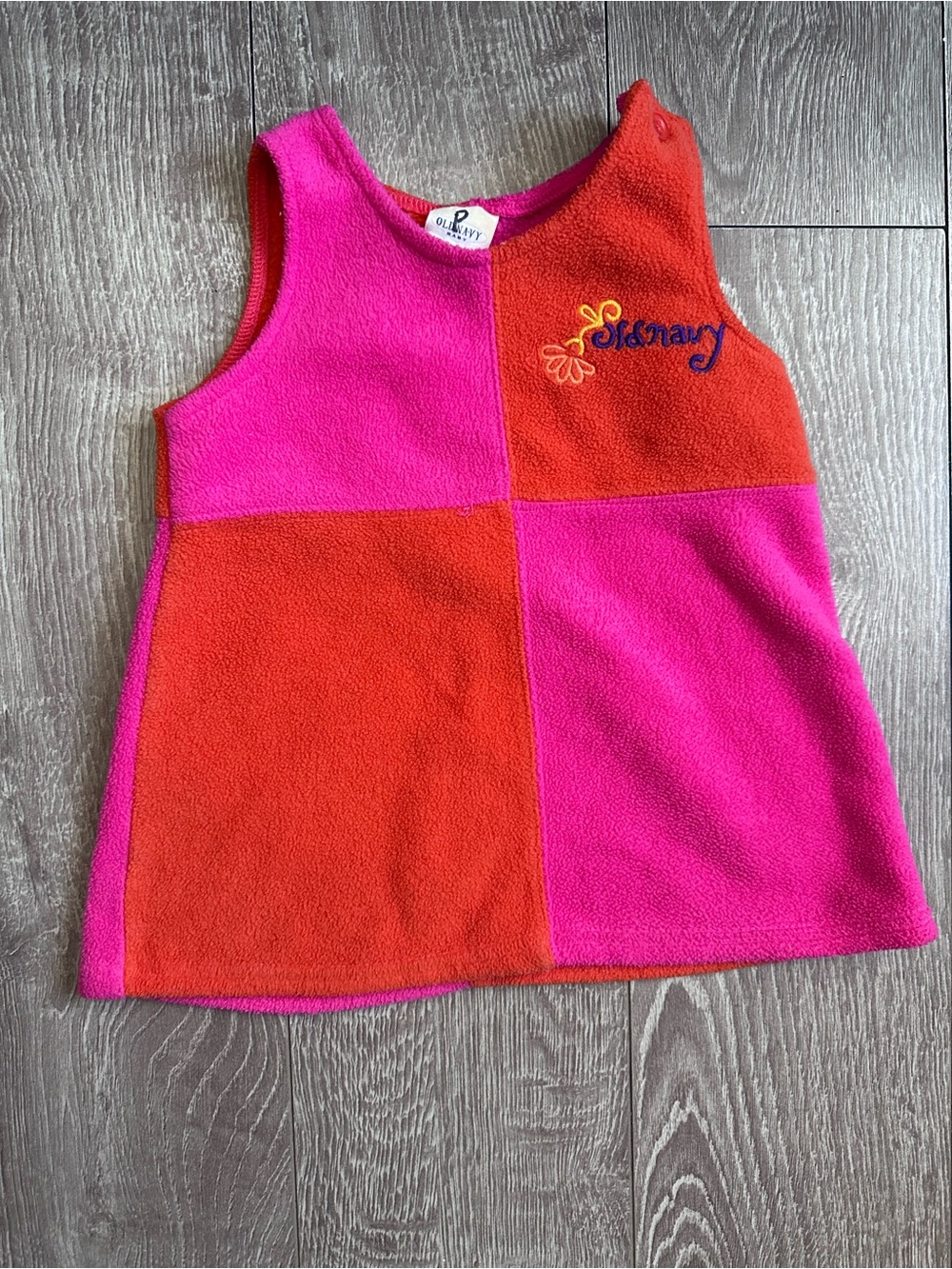 Y2K old navy baby girl fleece dress colorblock orange pink pattern